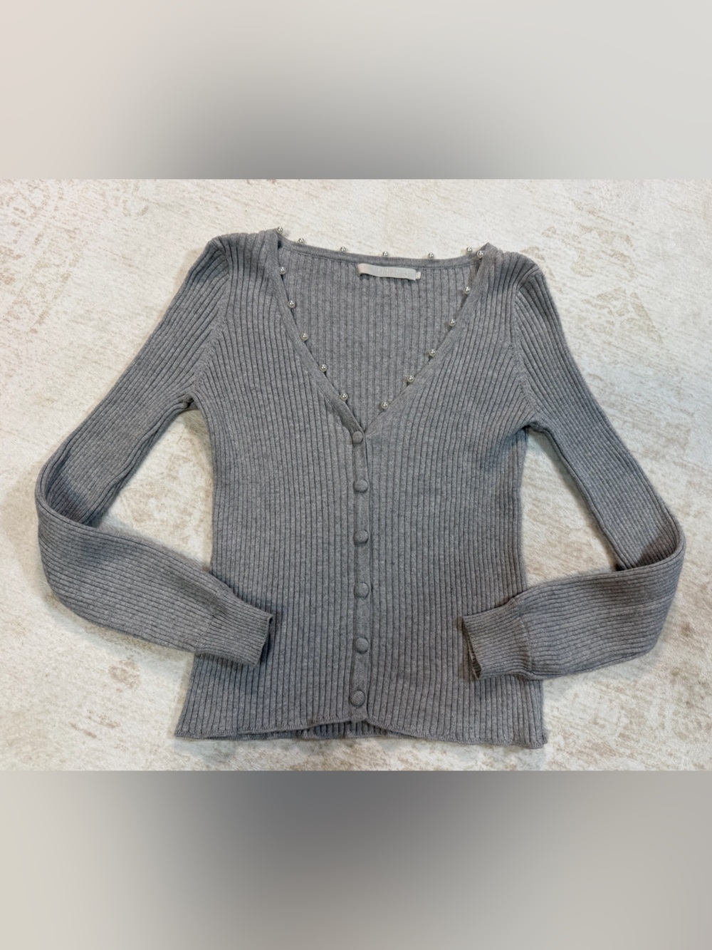 One Grey Day XS Gray Ribbed Cotton Cashmere Pearl Stud Quiet Luxury Cardigan